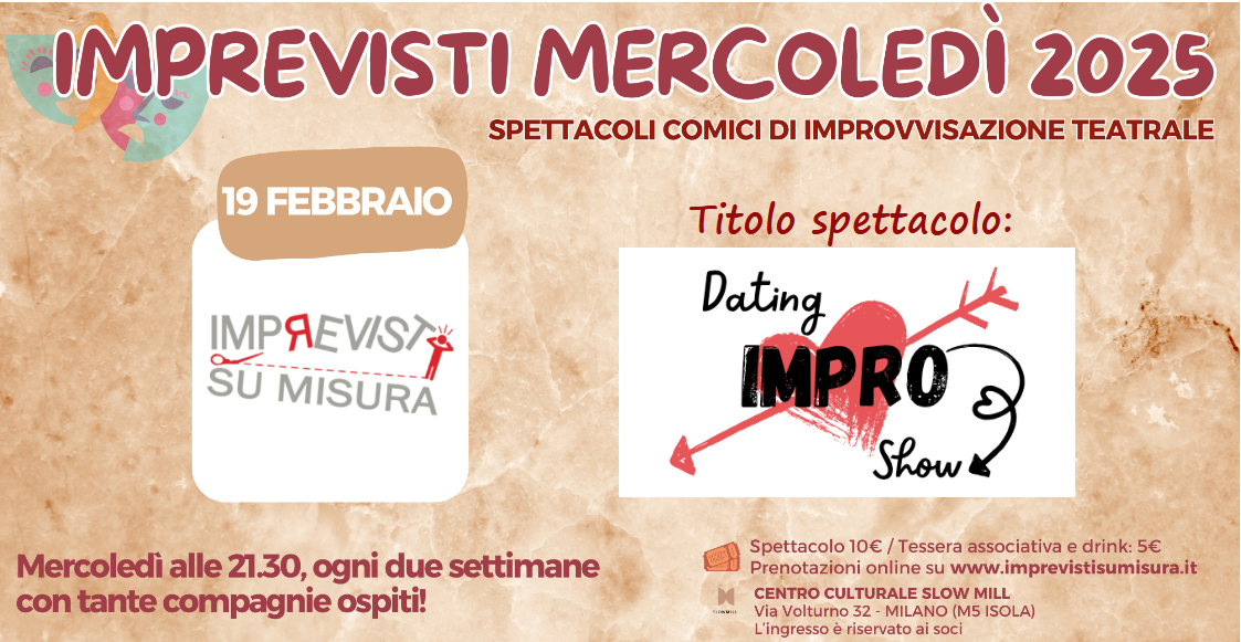 Locandina per lo spettacolo di improvvisazione teatrale 'Imprevisti Mercoledì 2025' con dettagli sull'evento.