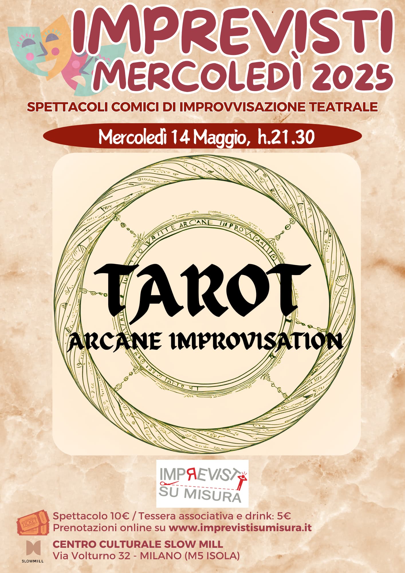 Manifesto che promuove uno spettacolo di improvvisazione teatrale intitolato 'Tarot' con dettagli sull'evento.